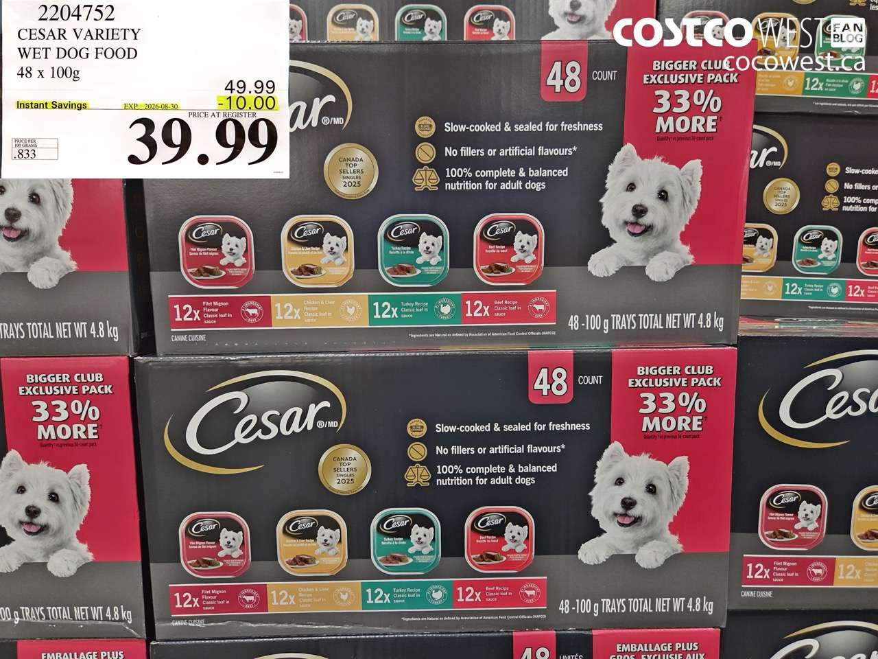 2204752 CESAR VARIETY WET DOG FOOD 48 X 100G ($10.00 INSTANT SAVINGS EXPIRES ON 2026-08-30) $39.99