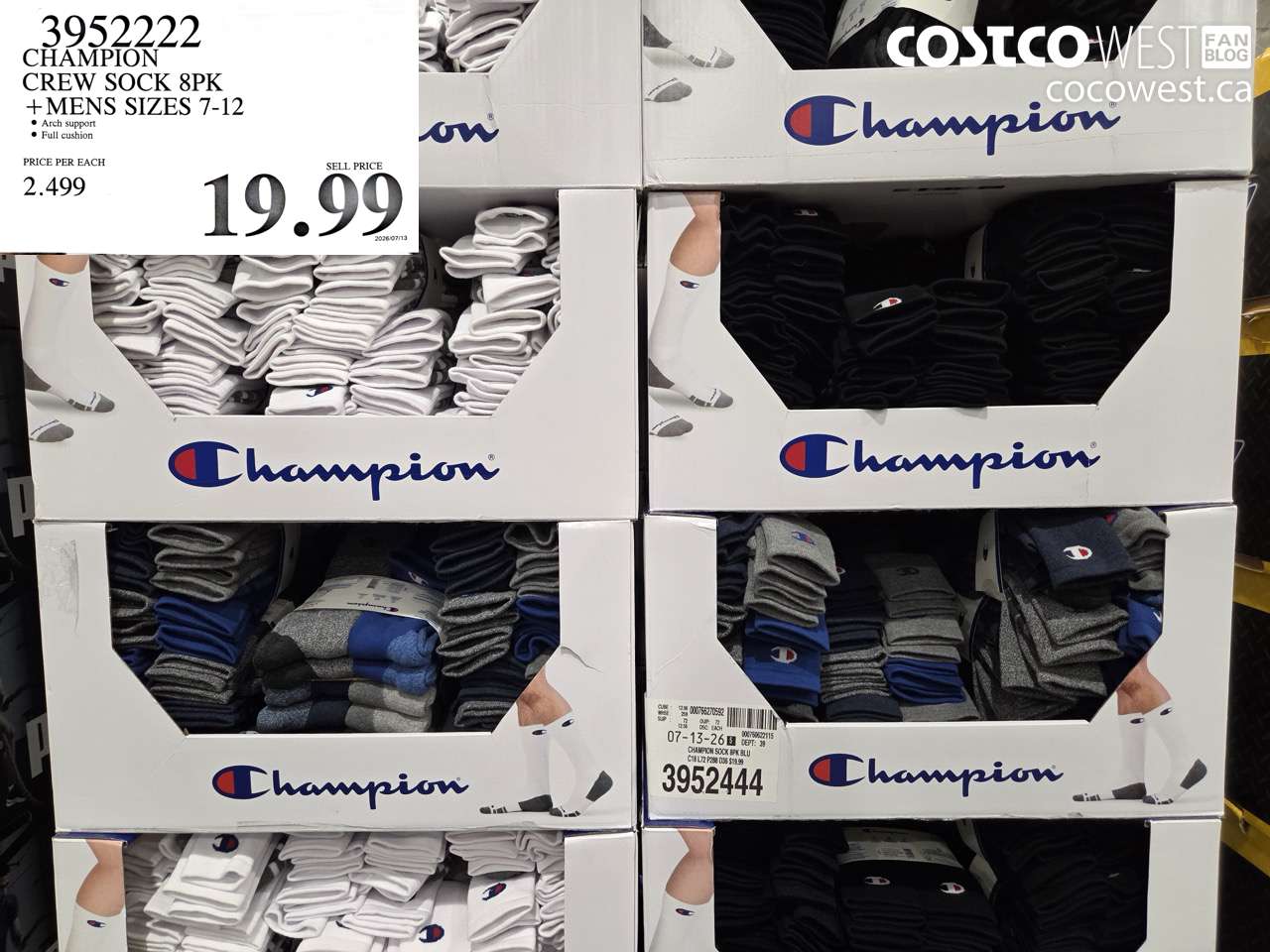 3952222 CHAMPION CREW SOCK 8PK MENS SIZES 7-12 $19.99