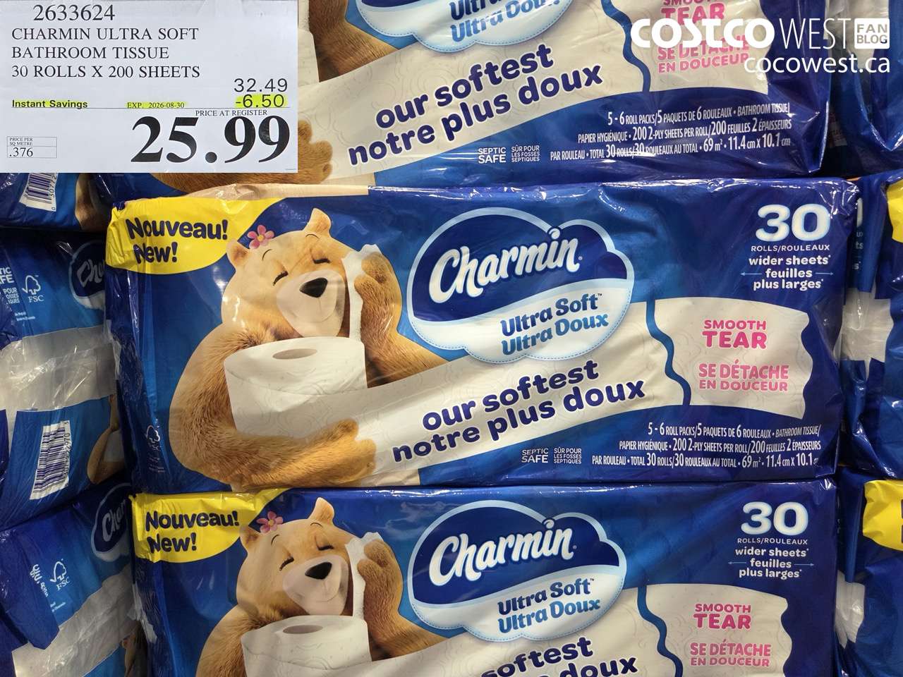 2633624 CHARMIN ULTRA SOFT BATHROOM TISSUE 30 ROLLS X 200 SHEETS ($6.50 INSTANT SAVINGS EXPIRES ON 2026-08-30) $25.99