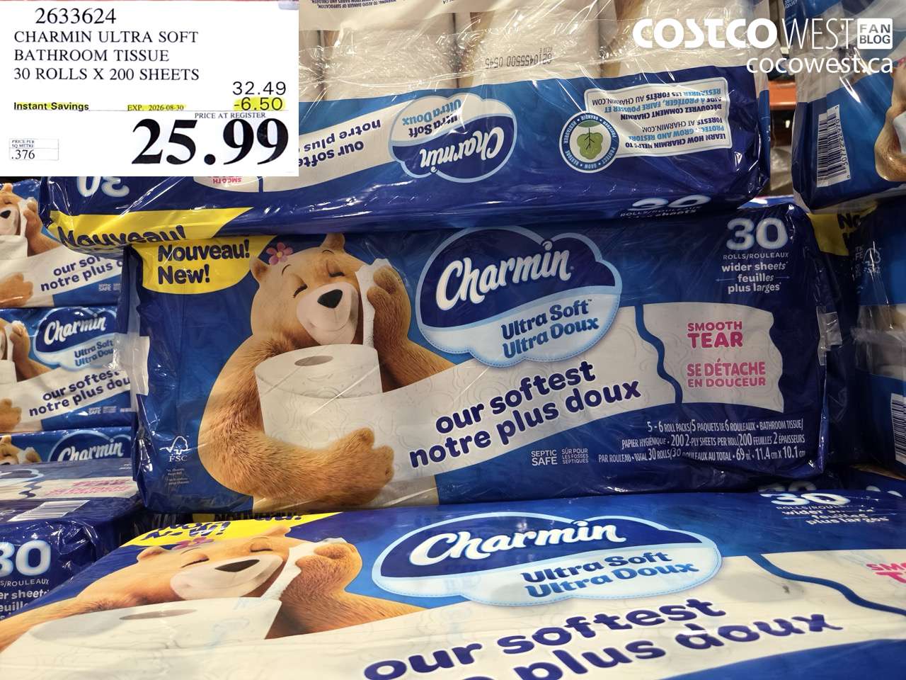 2633624 CHARMIN ULTRA SOFT BATHROOM TISSUE 30 ROLLS X 200 SHEETS ($6.50 INSTANT SAVINGS EXPIRES ON 2026-08-30) $25.99