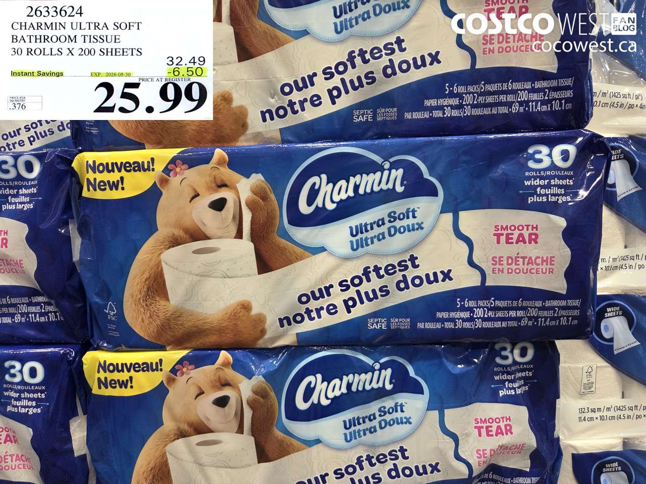 2633624 CHARMIN ULTRA SOFT BATHROOM TISSUE 30 ROLLS X 200 SHEETS ($6.50 INSTANT SAVINGS EXPIRES ON 2026-08-30) $25.99