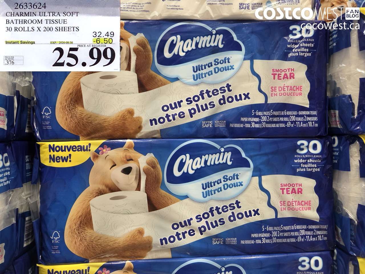 2633624 CHARMIN ULTRA SOFT BATHROOM TISSUE 30 ROLLS X 200 SHEETS ($6.50 INSTANT SAVINGS EXPIRES ON 2026-08-30) $25.99