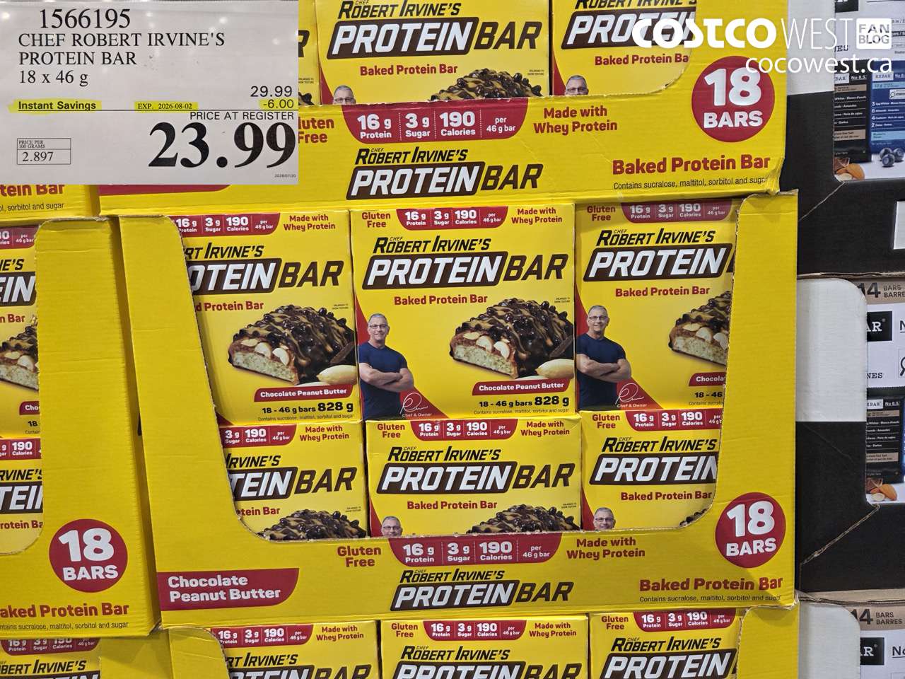 1566195 CHEF ROBERT IRVINE'S PROTEIN BAR 18 X 46 G ($6.00 INSTANT SAVINGS EXPIRES ON 2026-08-02) $23.99
