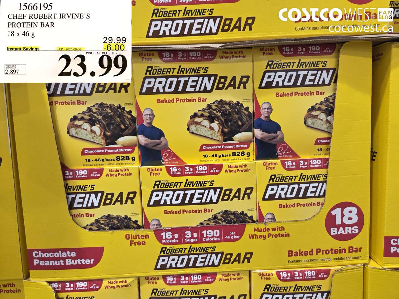 1566195 CHEF ROBERT IRVINE'S PROTEIN BAR 18 X 46 G ($6.00 INSTANT SAVINGS EXPIRES ON 2026-09-06) $23.99