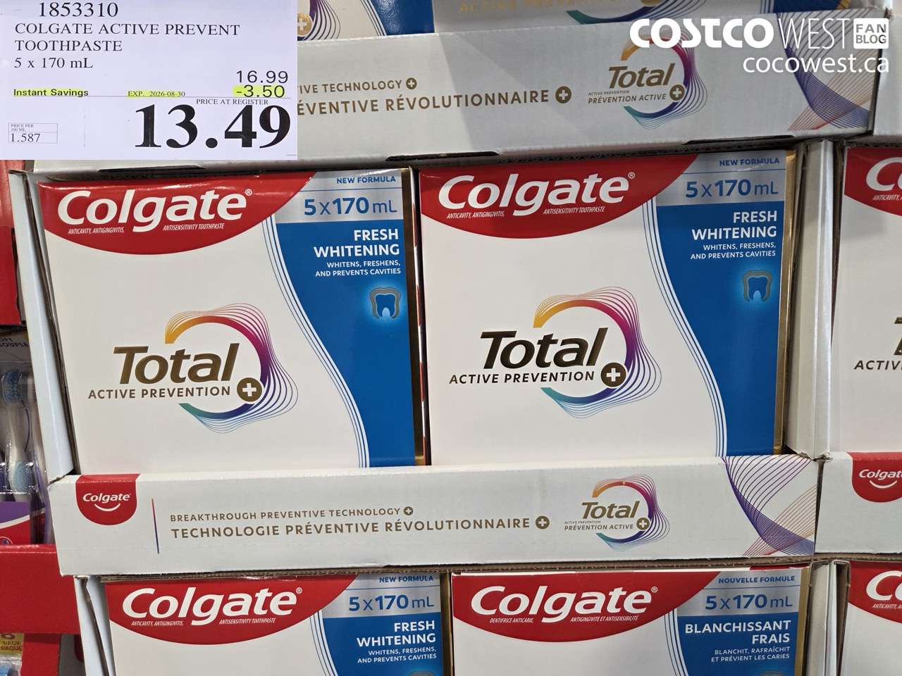 1853310 COLGATE ACTIVE PREVENT TOOTHPASTE 5 X 170 ML ($3.50 INSTANT SAVINGS EXPIRES ON 2026-08-30) $13.49