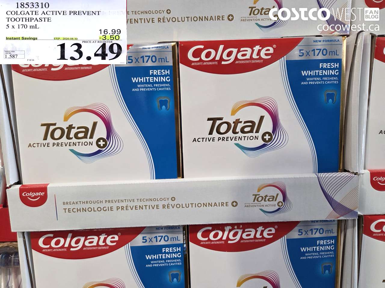1853310 COLGATE ACTIVE PREVENT TOOTHPASTE 5 X 170 ML ($3.50 INSTANT SAVINGS EXPIRES ON 2026-08-30) $13.49