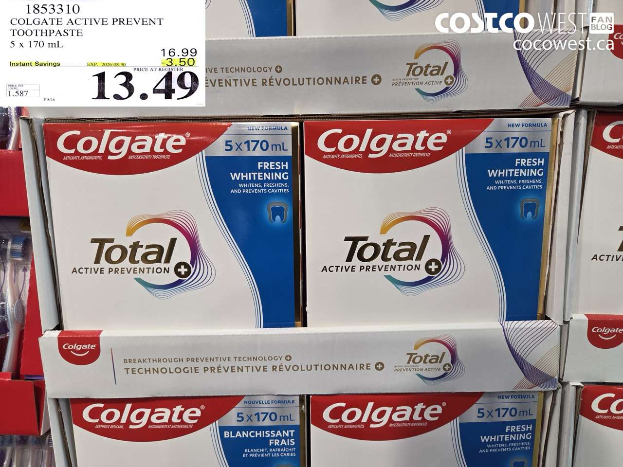1853310 COLGATE ACTIVE PREVENT TOOTHPASTE 5 X 170 ML ($3.50 INSTANT SAVINGS EXPIRES ON 2026-08-30) $13.49