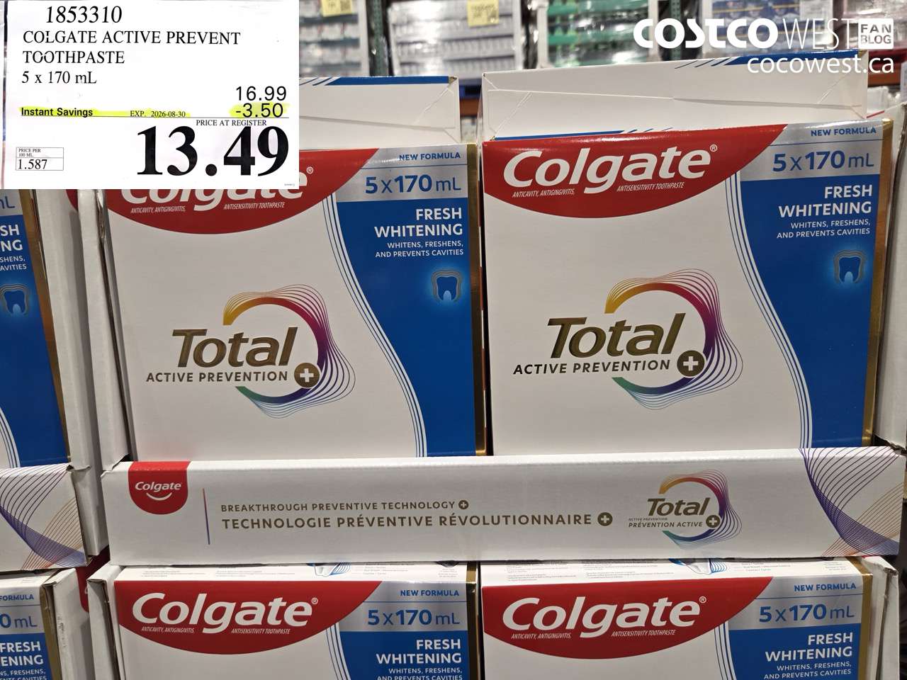 1853310 COLGATE ACTIVE PREVENT TOOTHPASTE 5 X 170 ML ($3.50 INSTANT SAVINGS EXPIRES ON 2026-08-30) $13.49