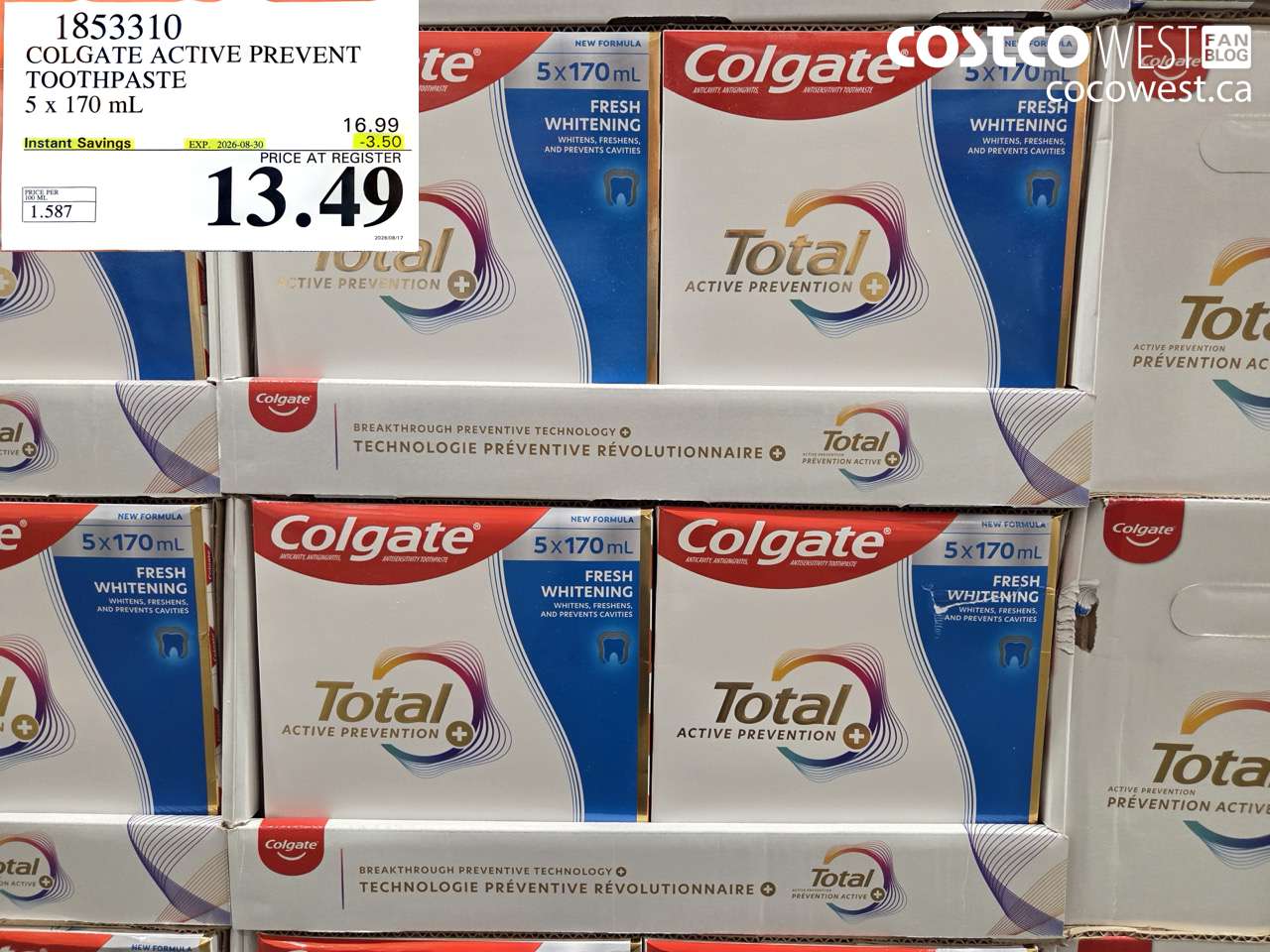 1853310 COLGATE ACTIVE PREVENT TOOTHPASTE 5 X 170 ML ($3.50 INSTANT SAVINGS EXPIRES ON 2026-08-30) $13.49