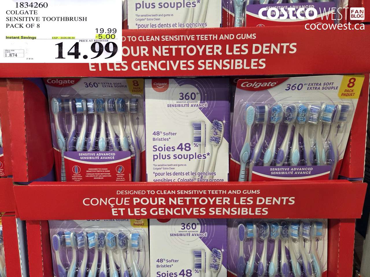 1834260 COLGATE SENSITIVE TOOTHBRUSH PACK OF 8 ($5.00 INSTANT SAVINGS EXPIRES ON 2026-08-30) $14.99