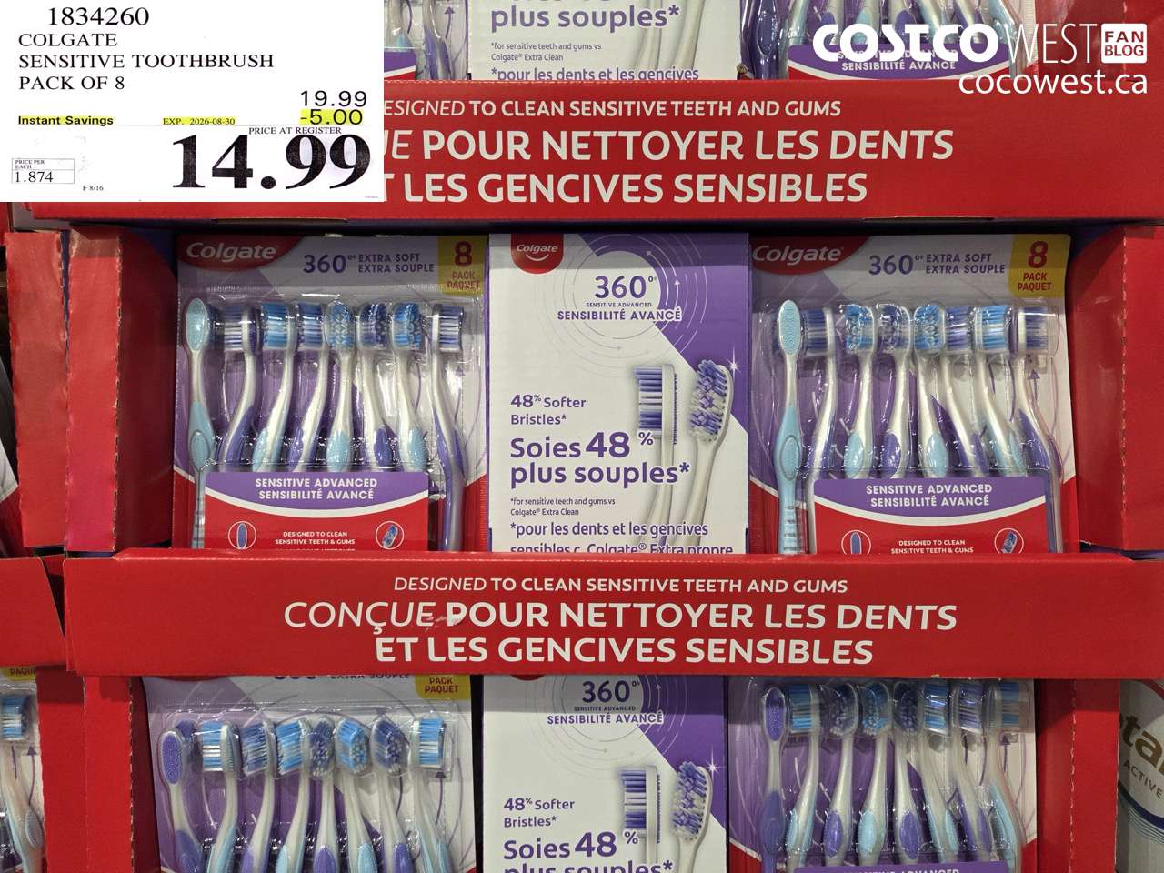 1834260 COLGATE SENSITIVE TOOTHBRUSH PACK OF 8 ($5.00 INSTANT SAVINGS EXPIRES ON 2026-08-30) $14.99