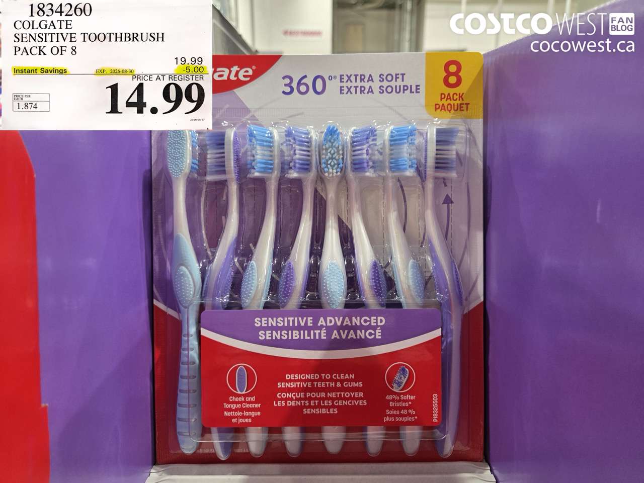 1834260 COLGATE SENSITIVE TOOTHBRUSH PACK OF 8 ($5.00 INSTANT SAVINGS EXPIRES ON 2026-08-30) $14.99