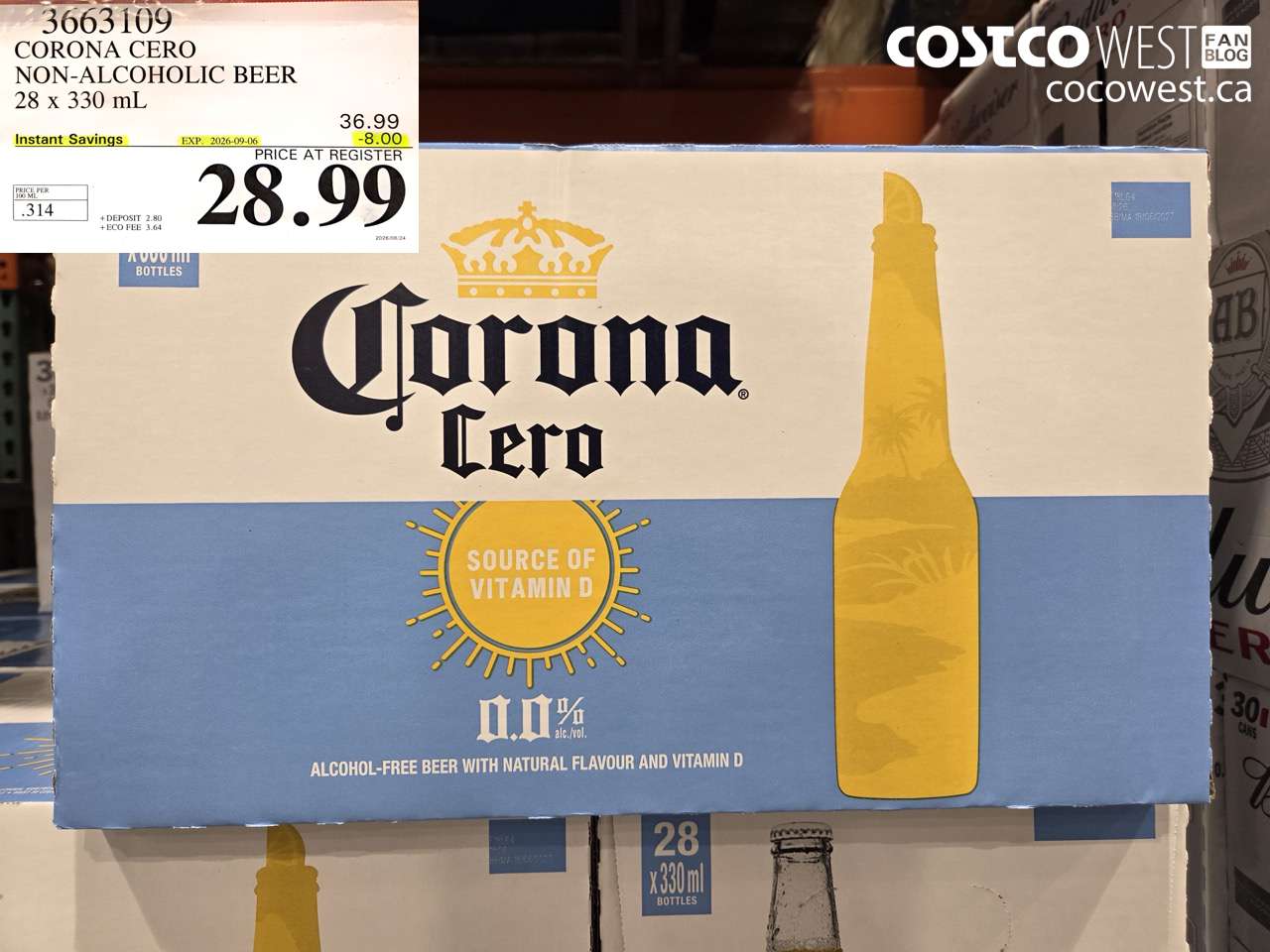 3663109 CORONA CERO NON-ALCOHOLIC BEER 28 X 330 ML ($8.00 INSTANT SAVINGS EXPIRES ON 2026-09-06) $28.99