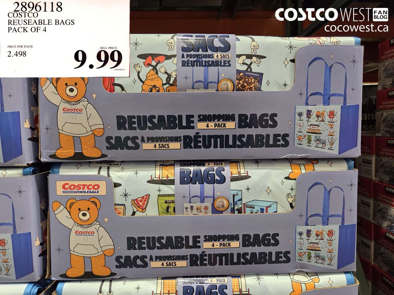 2896118 COSTCO REUSEABLE BAGS PACK OF 4 $9.99