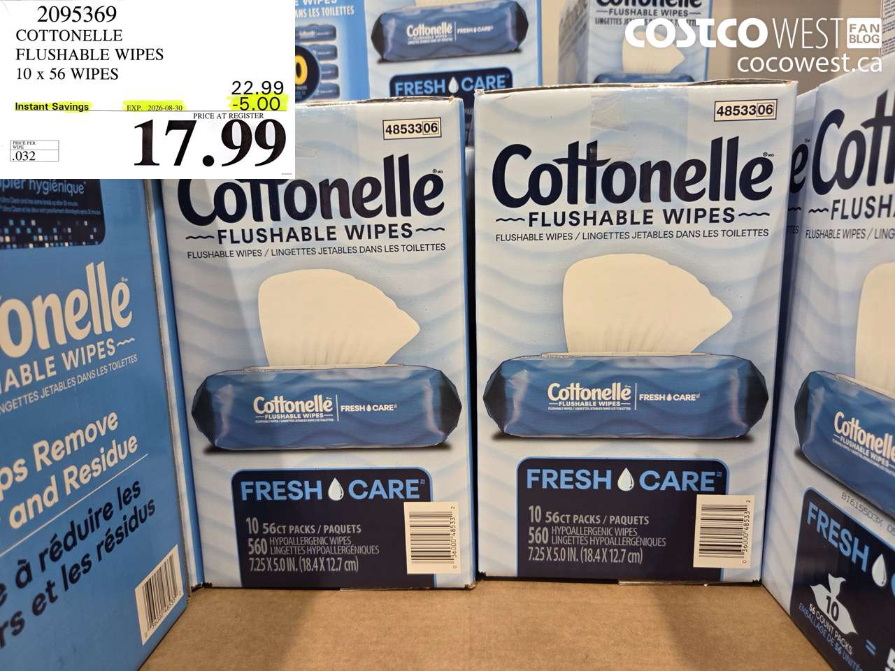 2095369 COTTONELLE FLUSHABLE WIPES 10 X 56 WIPES ($5.00 INSTANT SAVINGS EXPIRES ON 2026-08-30) $17.99