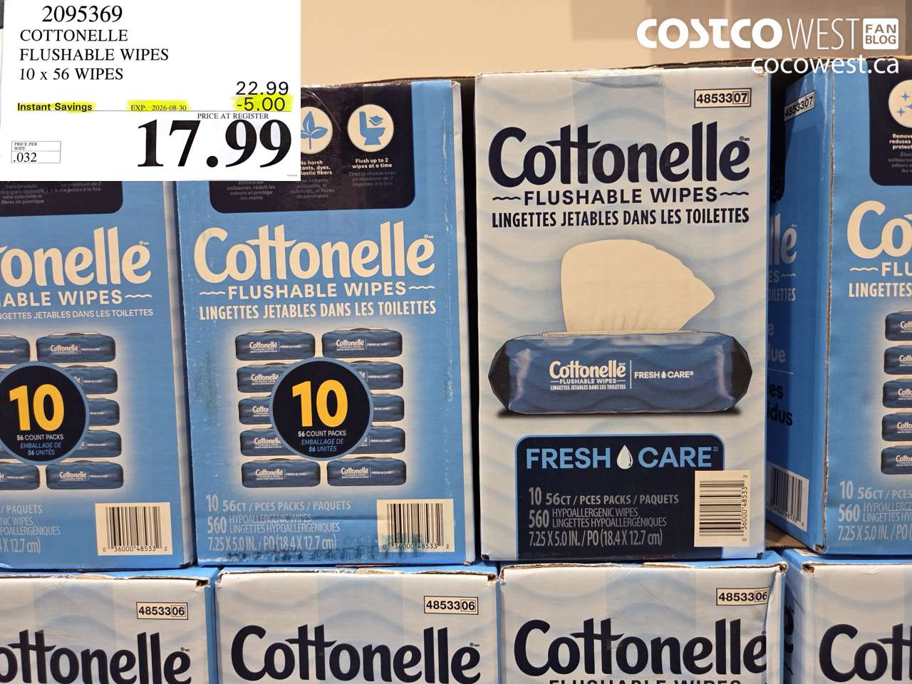 2095369 COTTONELLE FLUSHABLE WIPES 10 X 56 WIPES ($5.00 INSTANT SAVINGS EXPIRES ON 2026-08-30) $17.99