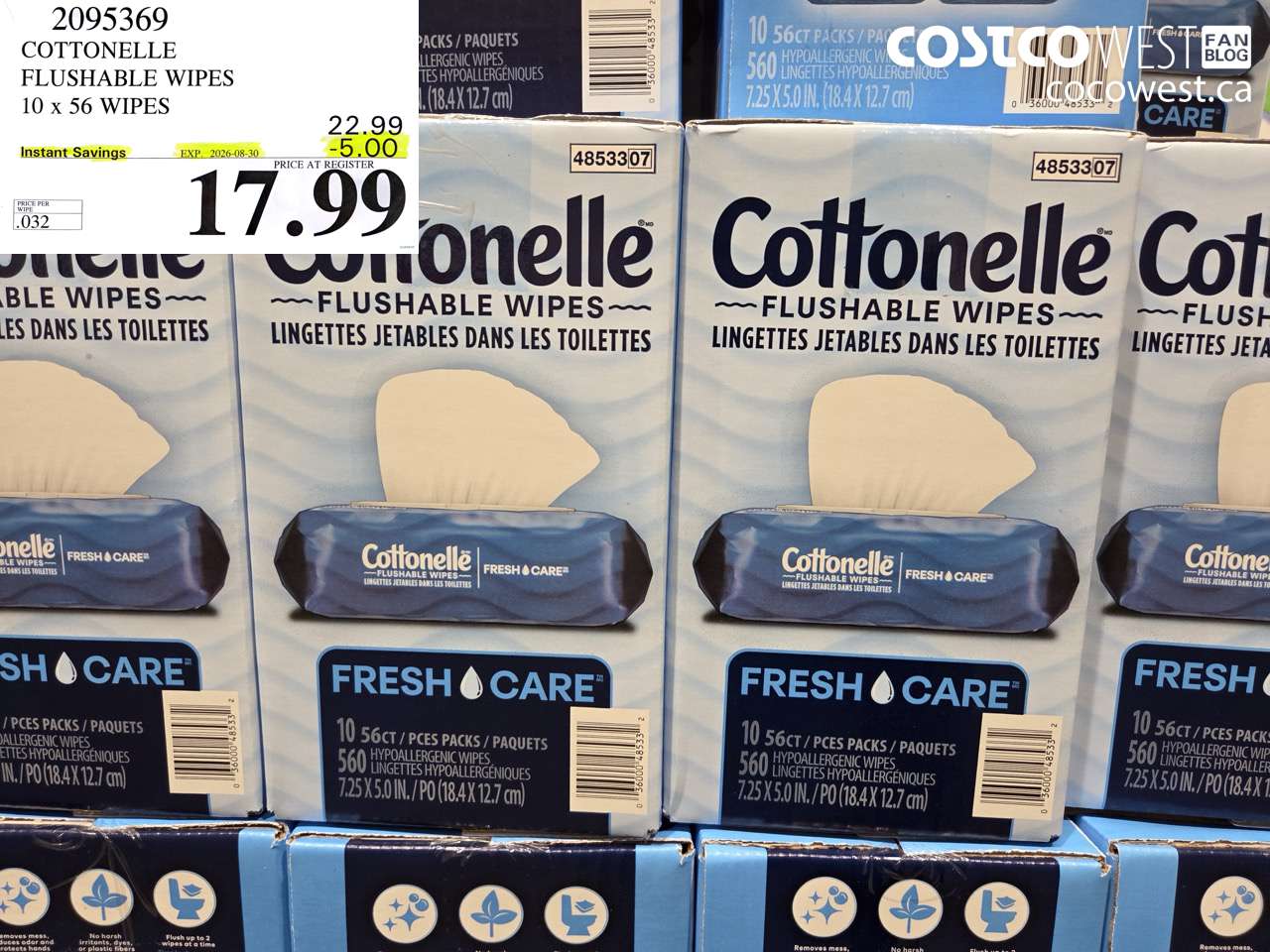2095369 COTTONELLE FLUSHABLE WIPES 10 X 56 WIPES ($5.00 INSTANT SAVINGS EXPIRES ON 2026-08-30) $17.99