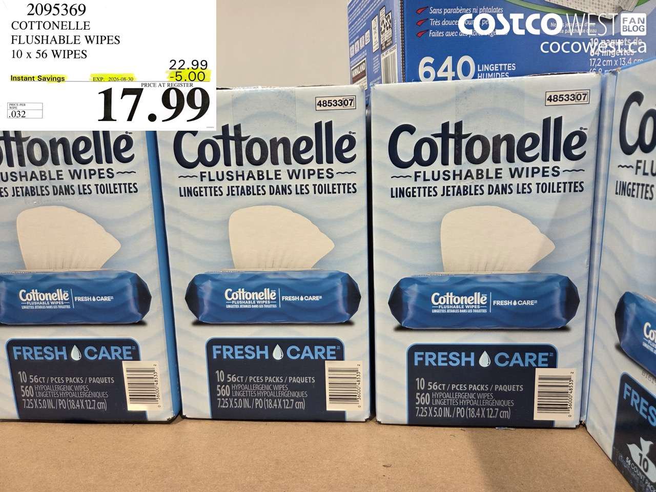 2095369 COTTONELLE FLUSHABLE WIPES 10 X 56 WIPES ($5.00 INSTANT SAVINGS EXPIRES ON 2026-08-30) $17.99