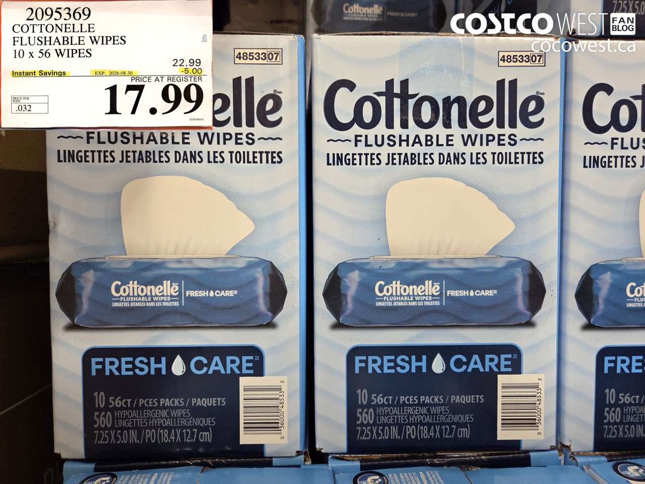 2095369 COTTONELLE FLUSHABLE WIPES 10 X 56 WIPES ($5.00 INSTANT SAVINGS EXPIRES ON 2026-08-30) $17.99