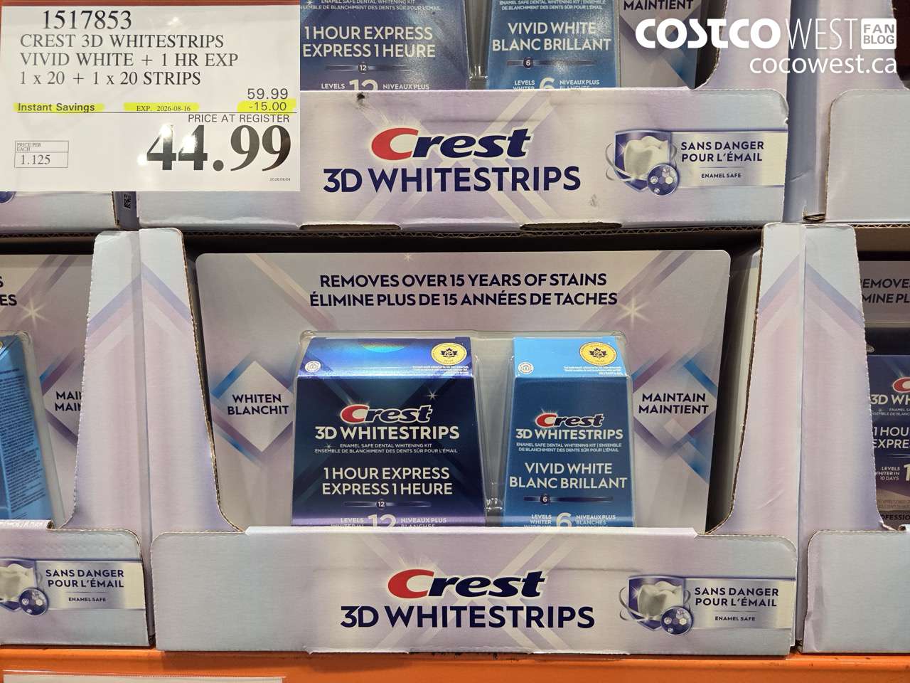 1517853 CREST 3D WHITESTRIPS VIVID WHITE + 1 HR EXP 1 X 20 + 1 X 20 STRIPS ($15.00 INSTANT SAVINGS EXPIRES ON 2026-08-16) $44.99