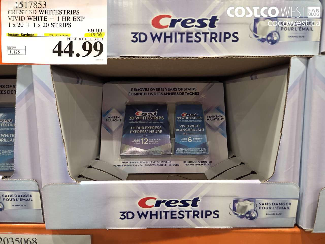 1517853 CREST 3D WHITESTRIPS VIVID WHITE + 1 HR EXP 1 X 20 + 1 X 20 STRIPS ($15.00 INSTANT SAVINGS EXPIRES ON 2026-08-16) $44.99