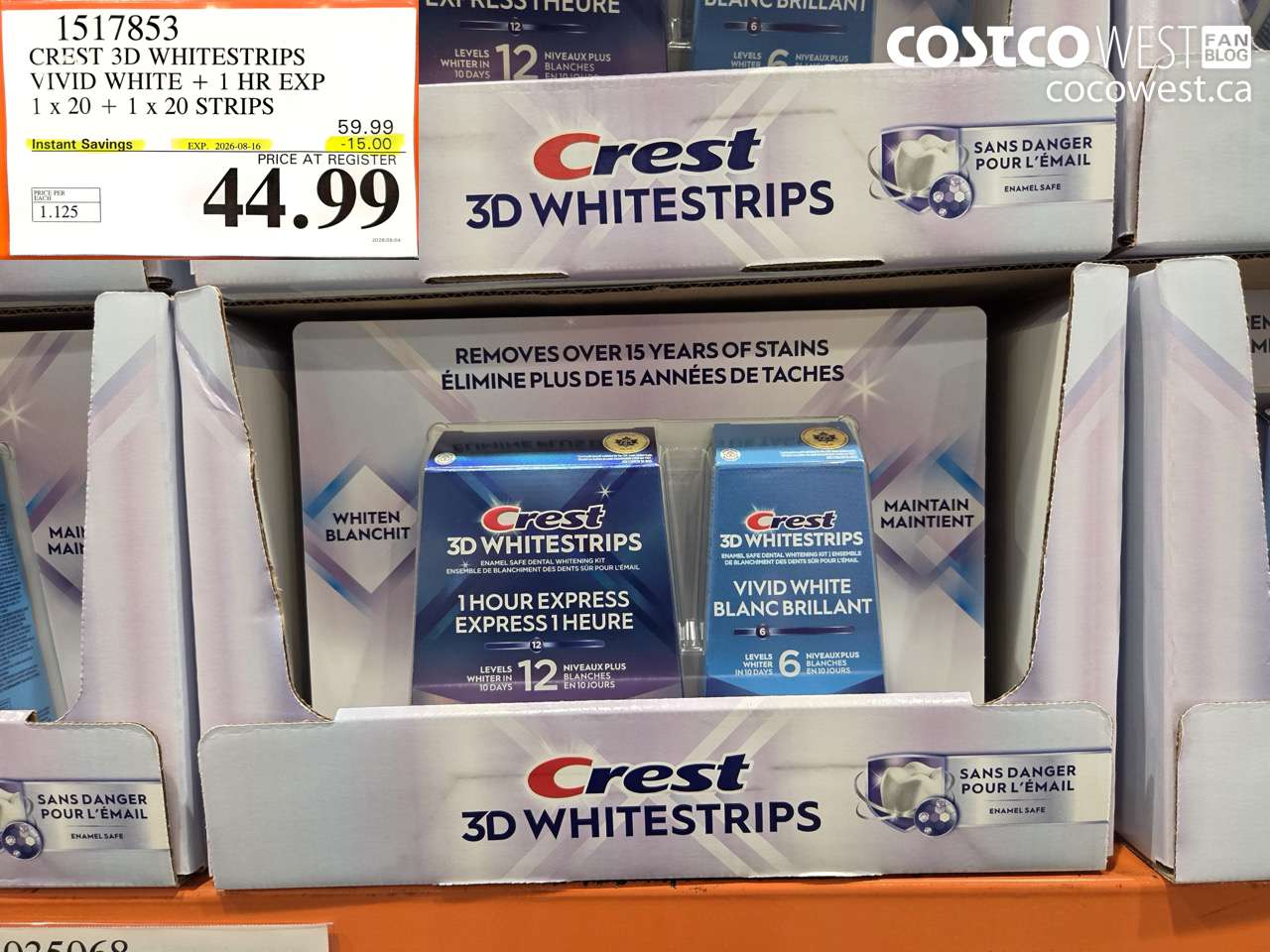 1517853 CREST 3D WHITESTRIPS VIVID WHITE + 1 HR EXP 1 X 20 + 1 X 20 STRIPS ($15.00 INSTANT SAVINGS EXPIRES ON 2026-08-16) $44.99
