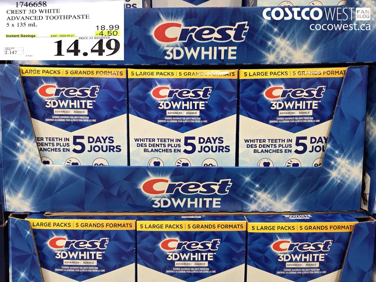 1746658 CREST 3D WHITE ADVANCED TOOTHPASTE 5 X 135 ML ($4.50 INSTANT SAVINGS EXPIRES ON 2026-09-27) $14.49