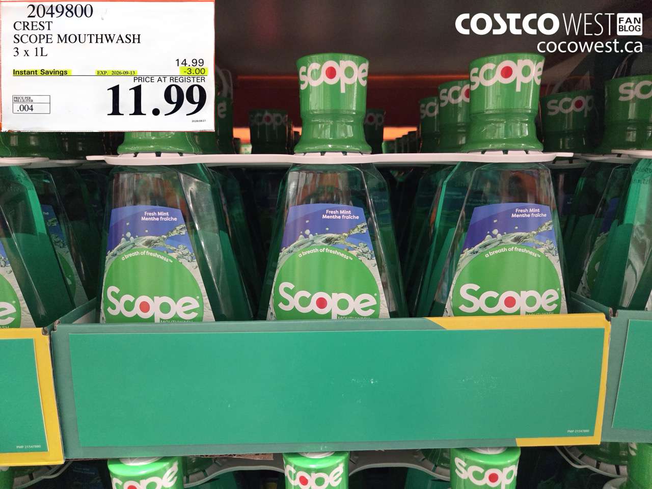 2049800 CREST SCOPE MOUTHWASH 3 X 1L ($3.00 INSTANT SAVINGS EXPIRES ON 2026-09-13) $11.99