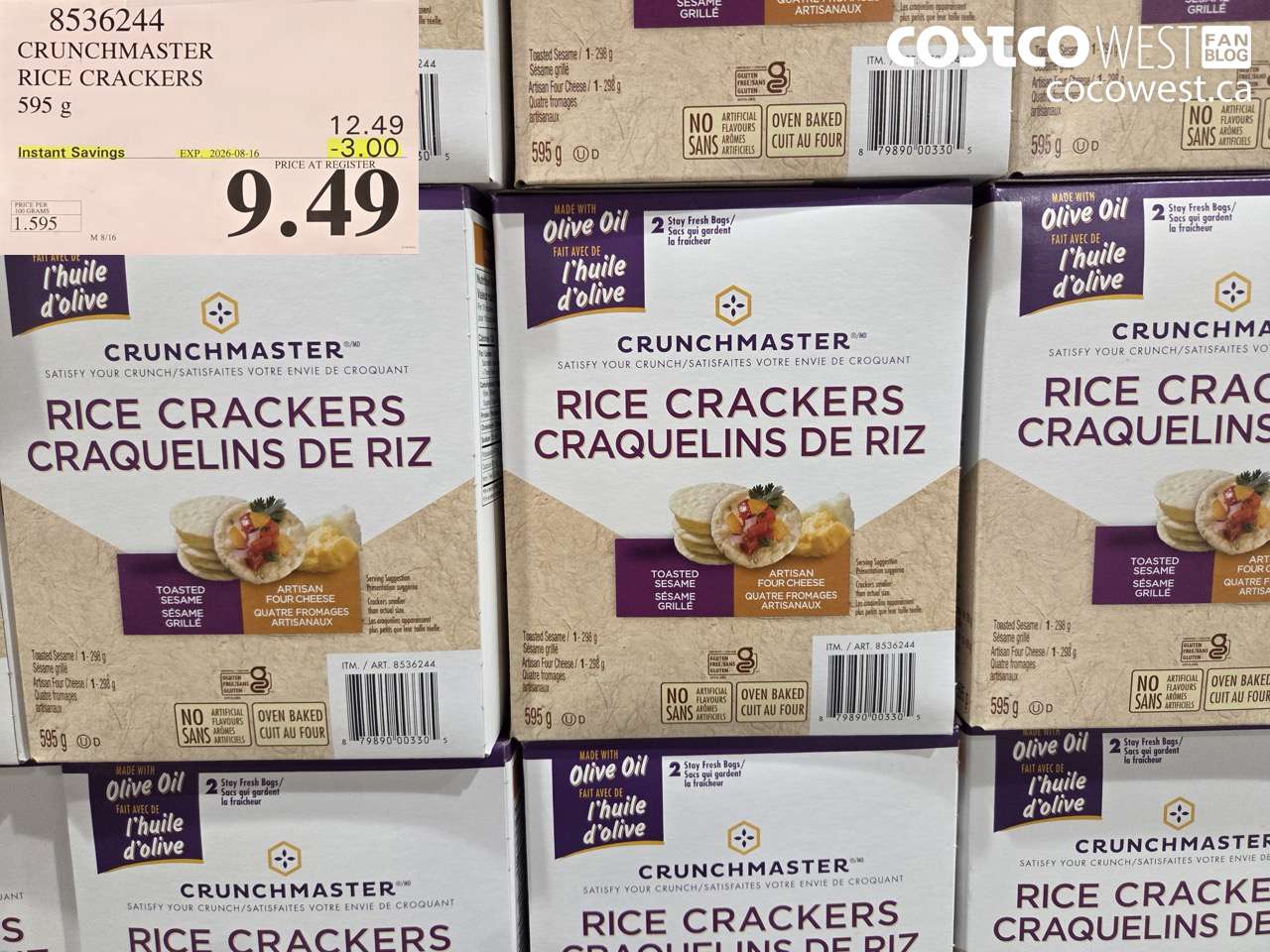 8536244 CRUNCHMASTER RICE CRACKERS 595 G ($3.00 INSTANT SAVINGS EXPIRES ON 2026-08-16) $9.49