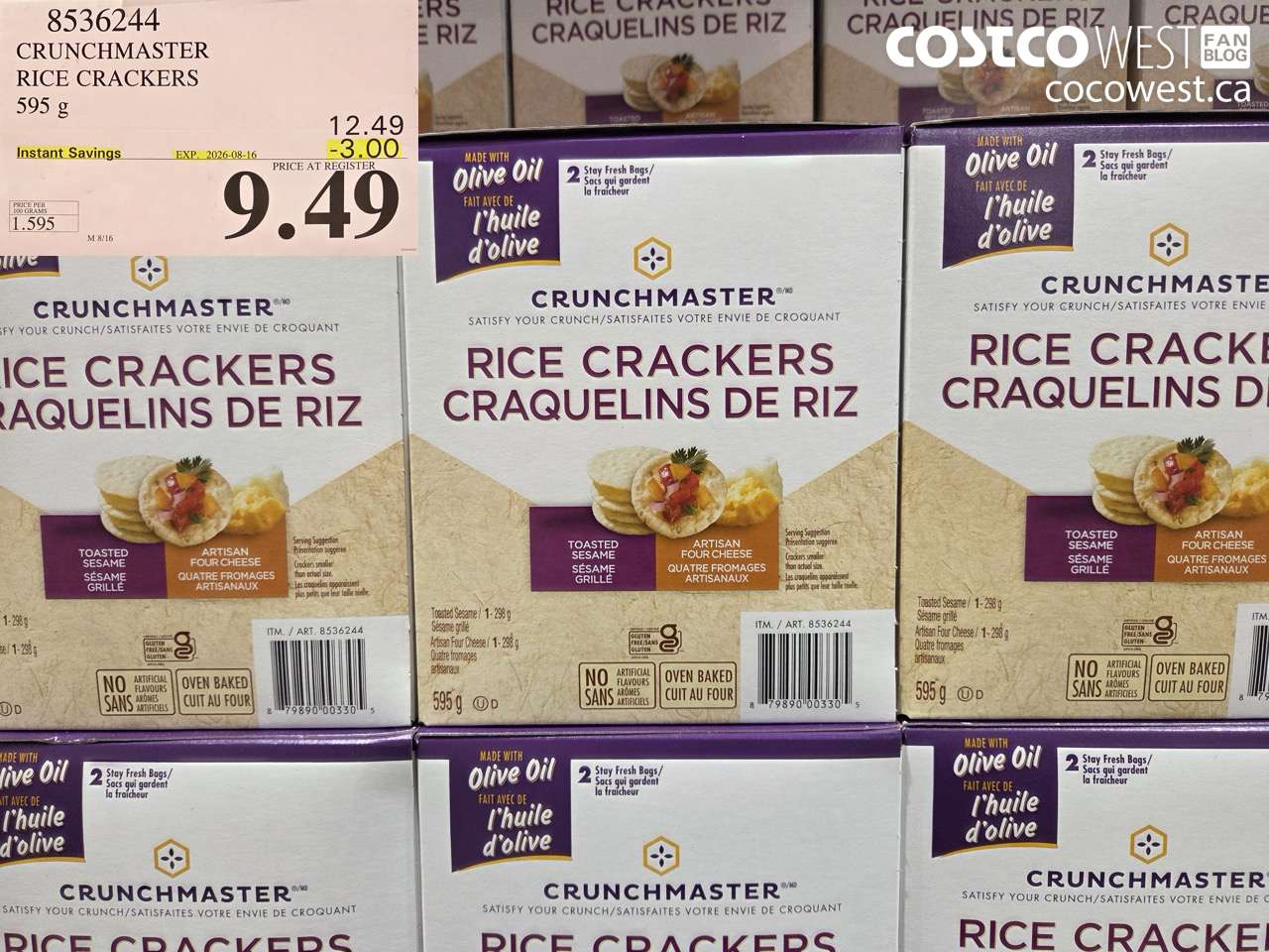 8536244 CRUNCHMASTER RICE CRACKERS 595 G ($3.00 INSTANT SAVINGS EXPIRES ON 2026-08-16) $9.49