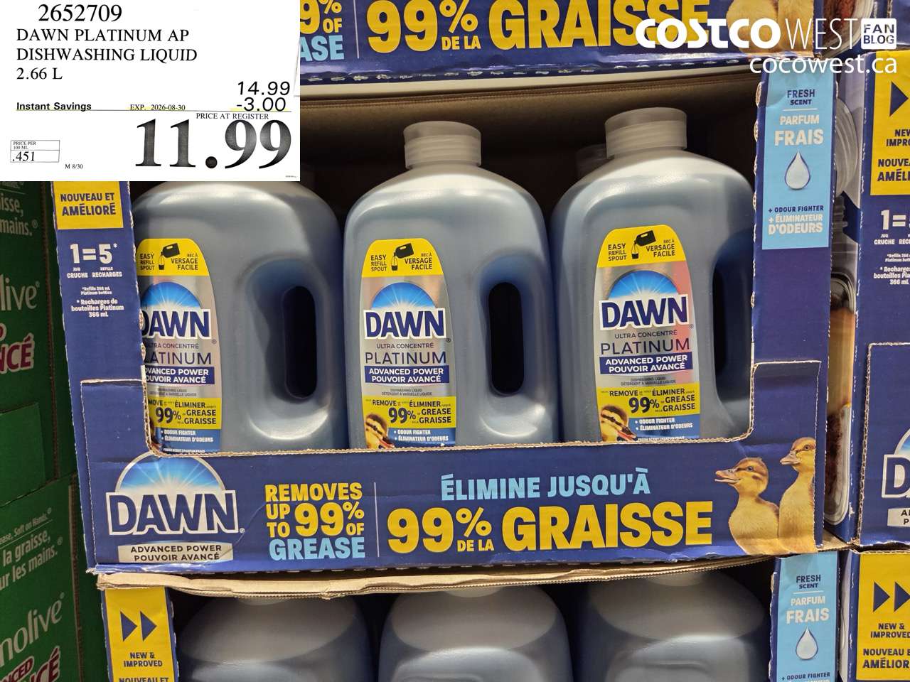 2652709 DAWN PLATINUM AP DISHWASHING LIQUID 2.66 L ($3.00 INSTANT SAVINGS EXPIRES ON 2026-08-30) $11.99