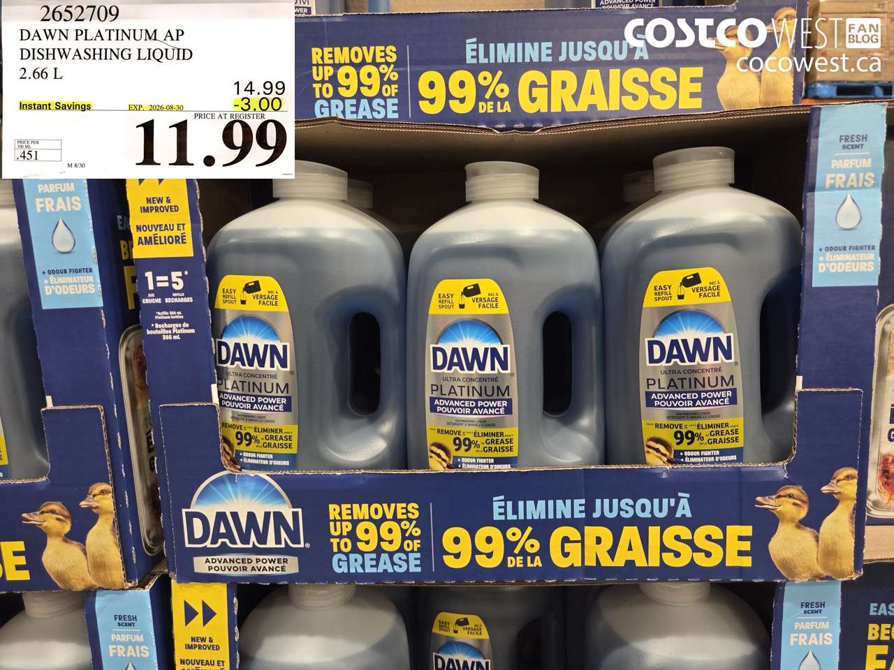 2652709 DAWN PLATINUM AP DISHWASHING LIQUID 2.66 L ($3.00 INSTANT SAVINGS EXPIRES ON 2026-08-30) $11.99