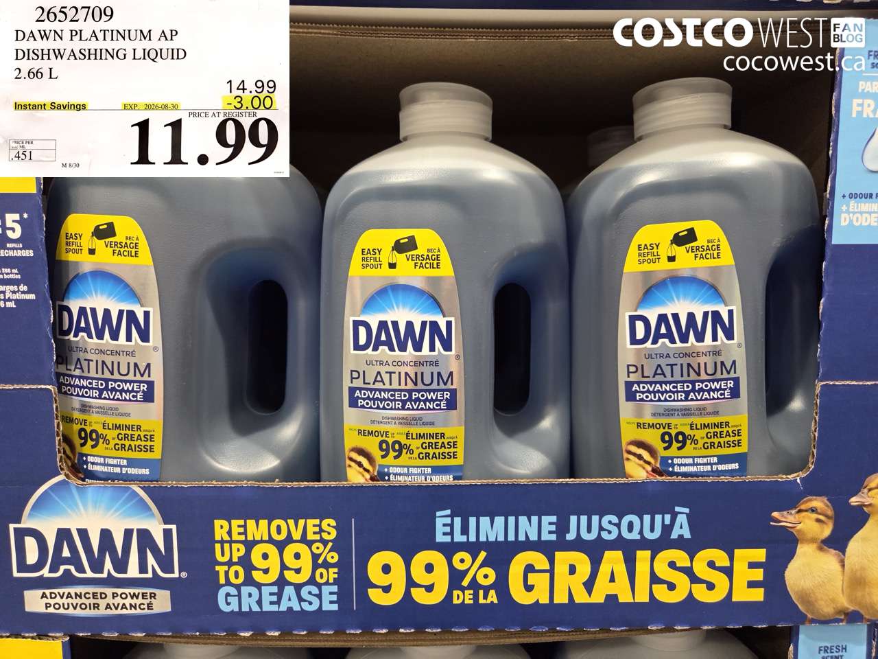 2652709 DAWN PLATINUM AP DISHWASHING LIQUID 2.66 L ($3.00 INSTANT SAVINGS EXPIRES ON 2026-08-30) $11.99