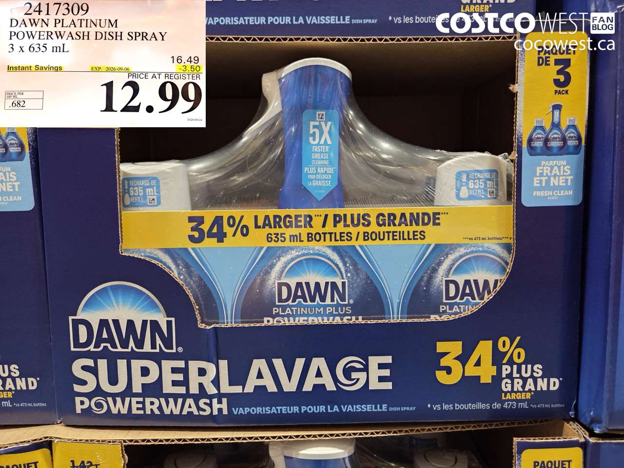 2417309 DAWN PLATINUM POWERWASH DISH SPRAY 3 X 635 ML ($3.50 INSTANT SAVINGS EXPIRES ON 2026-09-06) $12.99