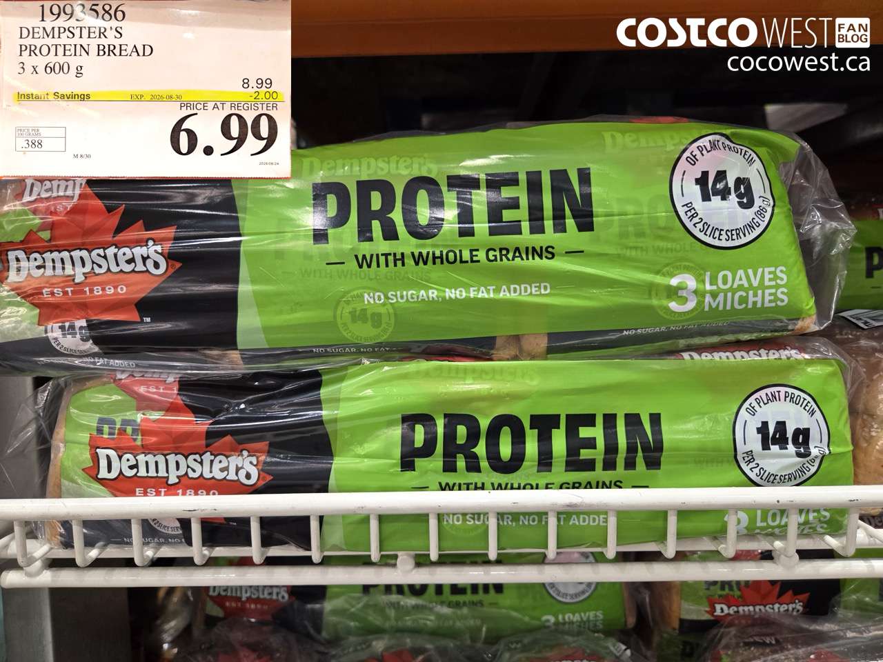 1993586 DEMPSTER'S PROTEIN BREAD 3 X 600 G ($2.00 INSTANT SAVINGS EXPIRES ON 2026-08-30) $6.99
