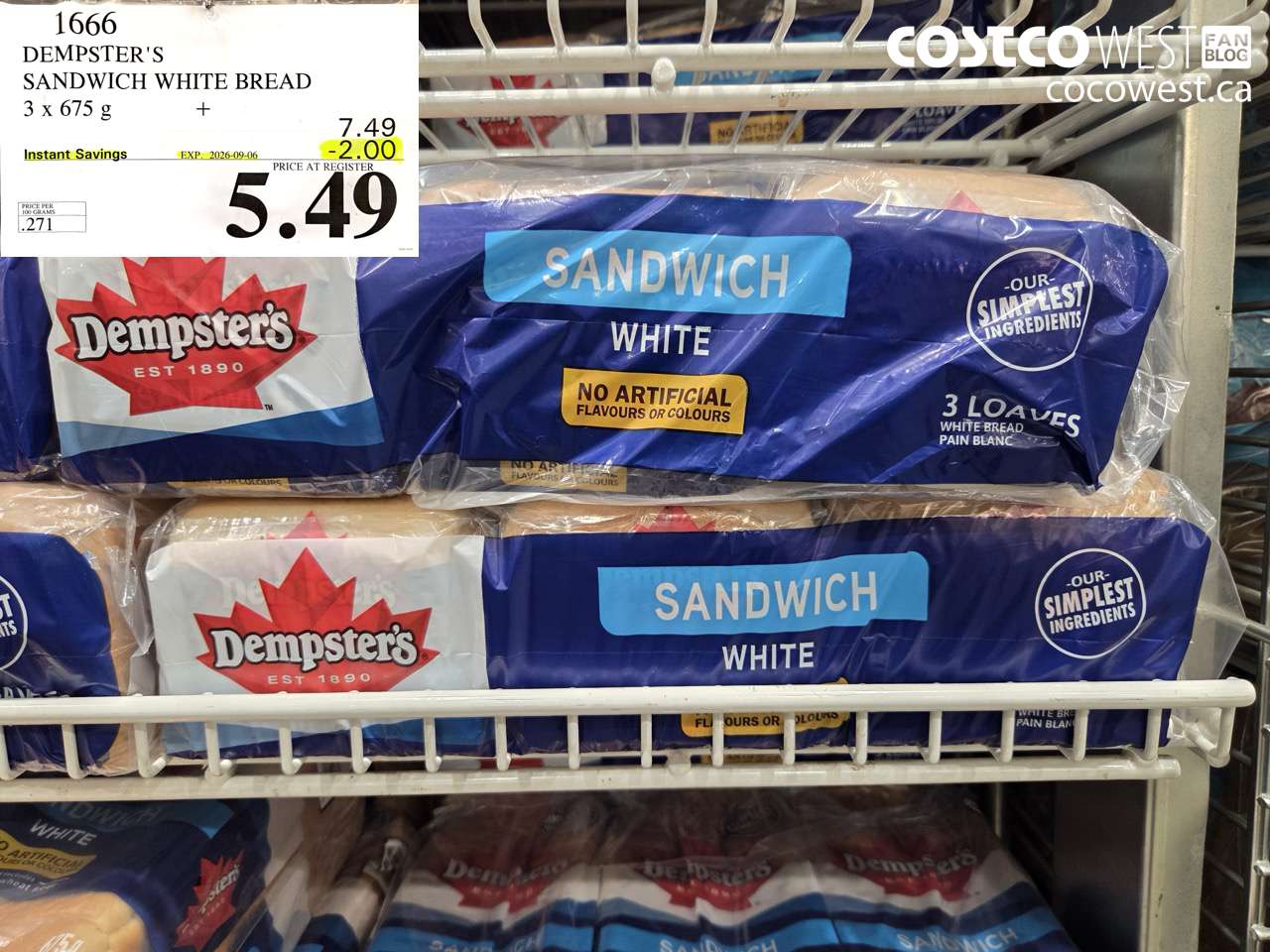 1666 DEMPSTER'S SANDWICH WHITE BREAD 3 X 675 G ($2.00 INSTANT SAVINGS EXPIRES ON 2026-09-06) $5.49