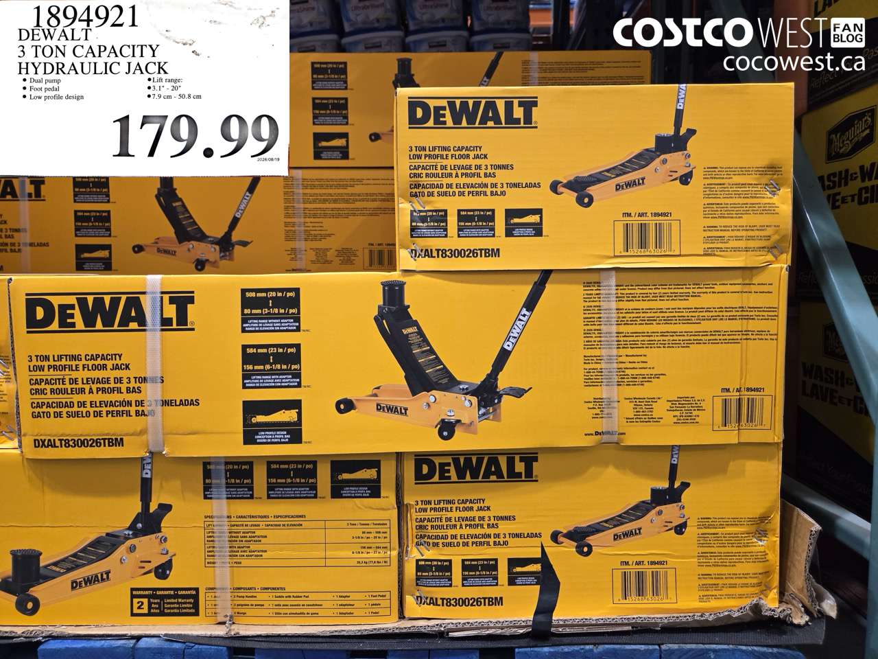 1894921 DEWALT 3 TON CAPACITY HYDRAULIC JACK $179.99