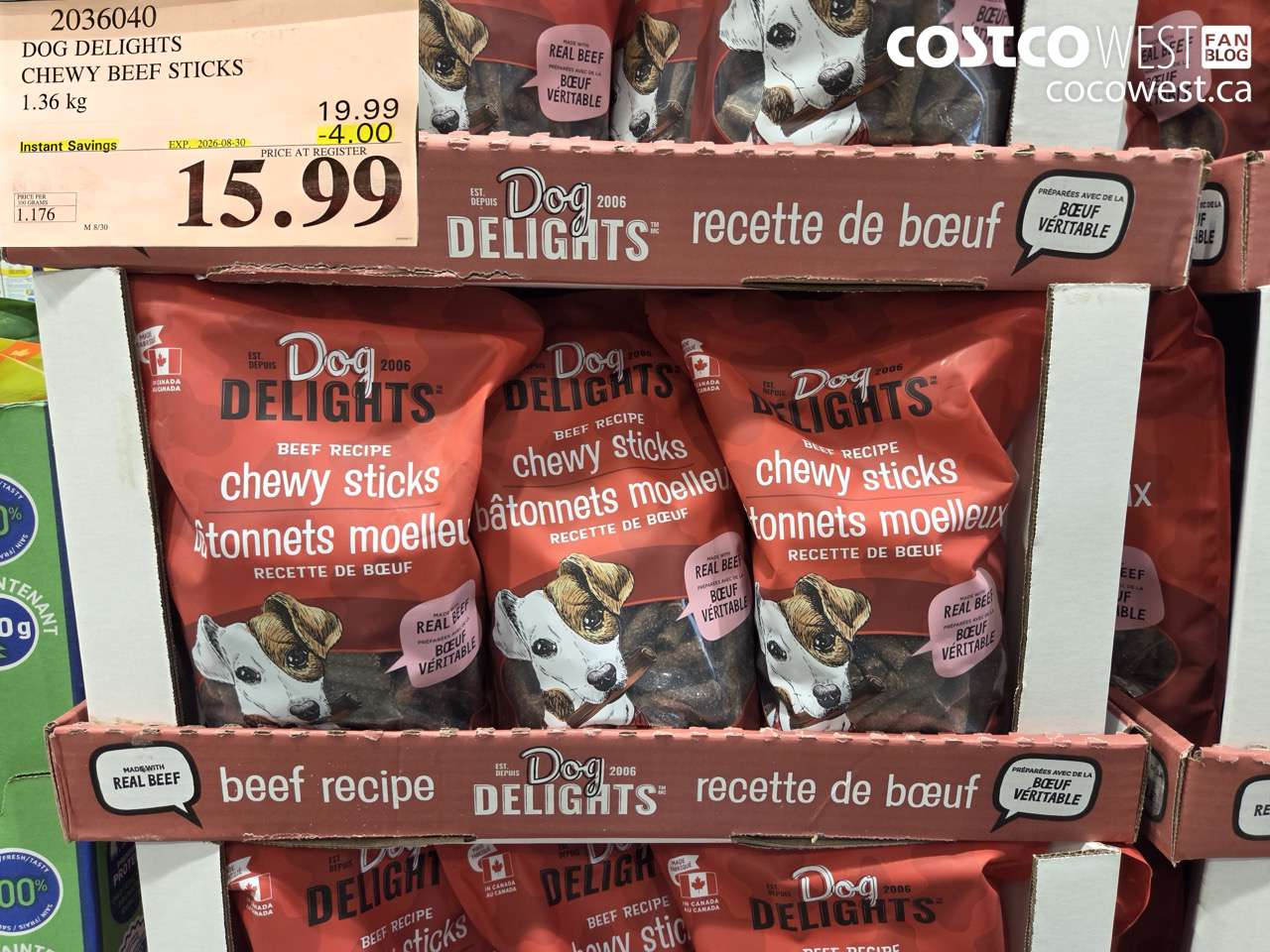 2036040 DOG DELIGHTS CHEWY BEEF STICKS 1.36 KG ($4.00 INSTANT SAVINGS EXPIRES ON 2026-08-30) $15.99