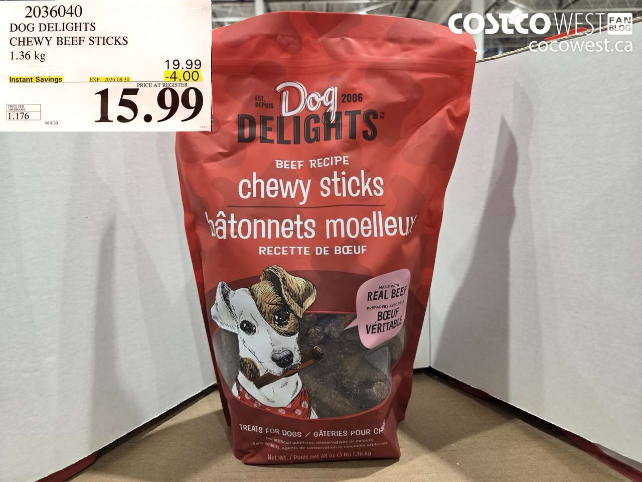 2036040 DOG DELIGHTS CHEWY BEEF STICKS 1.36 KG ($4.00 INSTANT SAVINGS EXPIRES ON 2026-08-30) $15.99
