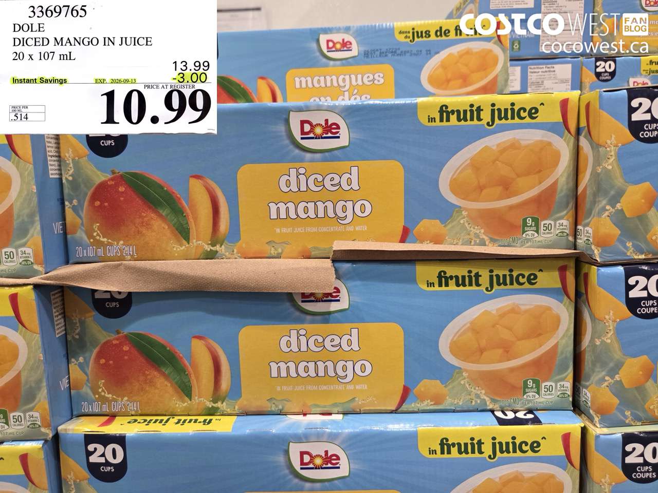 3369765 DOLE DICED MANGO IN JUICE 20 X 107 ML ($3.00 INSTANT SAVINGS EXPIRES ON 2026-09-13) $10.99