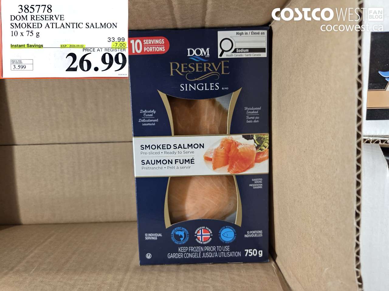 385778 DOM RESERVE SMOKED ATLANTIC SALMON 10 X 75 G ($7.00 INSTANT SAVINGS EXPIRES ON 2026-09-02) $26.99