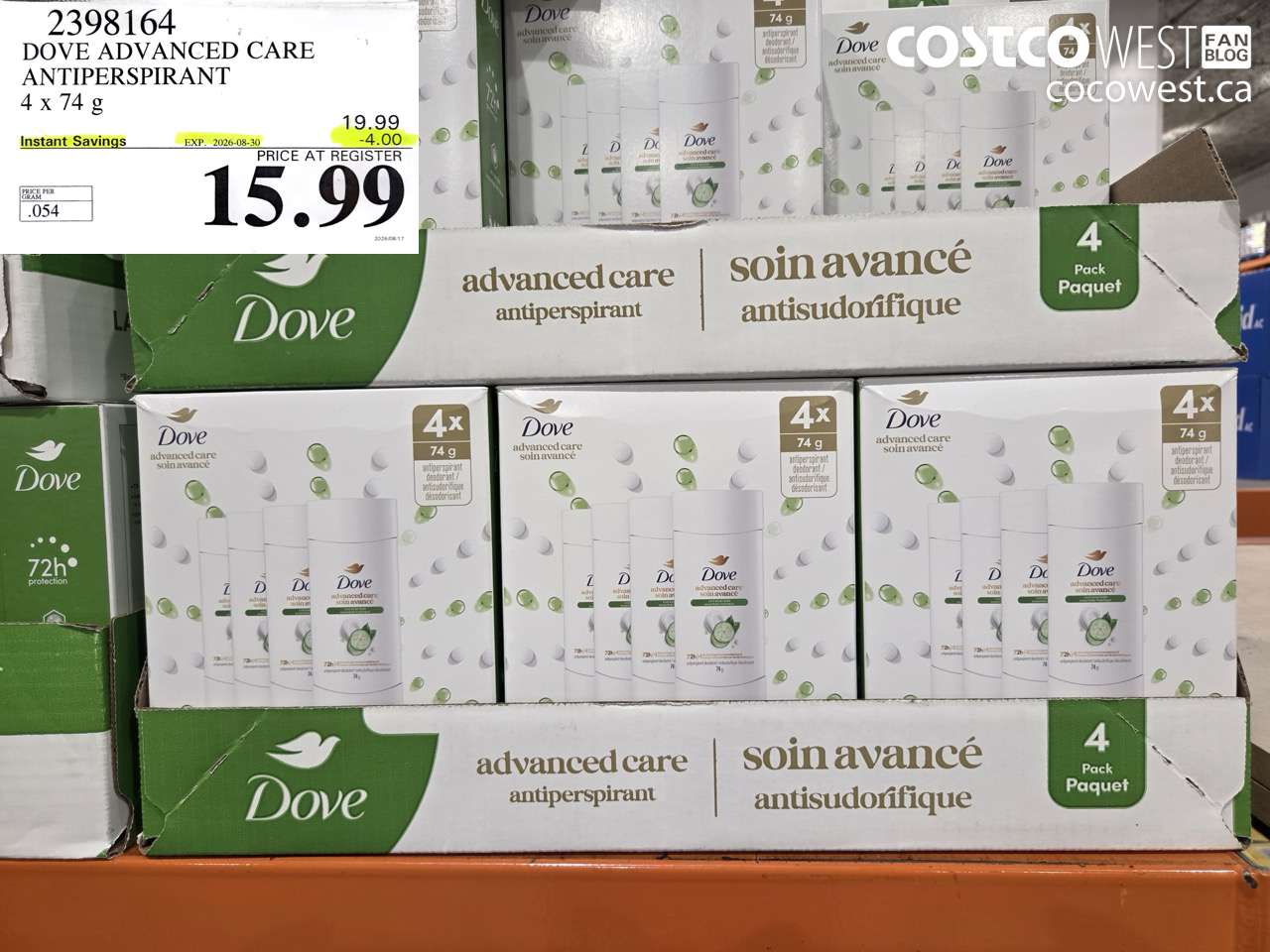2398164 DOVE ADVANCED CARE ANTIPERSPIRANT 4 X 74 G ($4.00 INSTANT SAVINGS EXPIRES ON 2026-08-30) $15.99