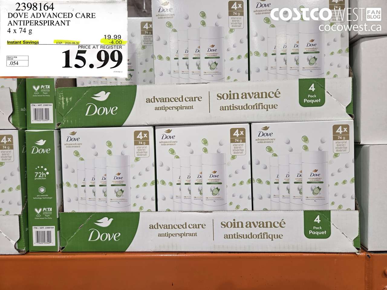 2398164 DOVE ADVANCED CARE ANTIPERSPIRANT 4 X 74 G ($4.00 INSTANT SAVINGS EXPIRES ON 2026-08-30) $15.99