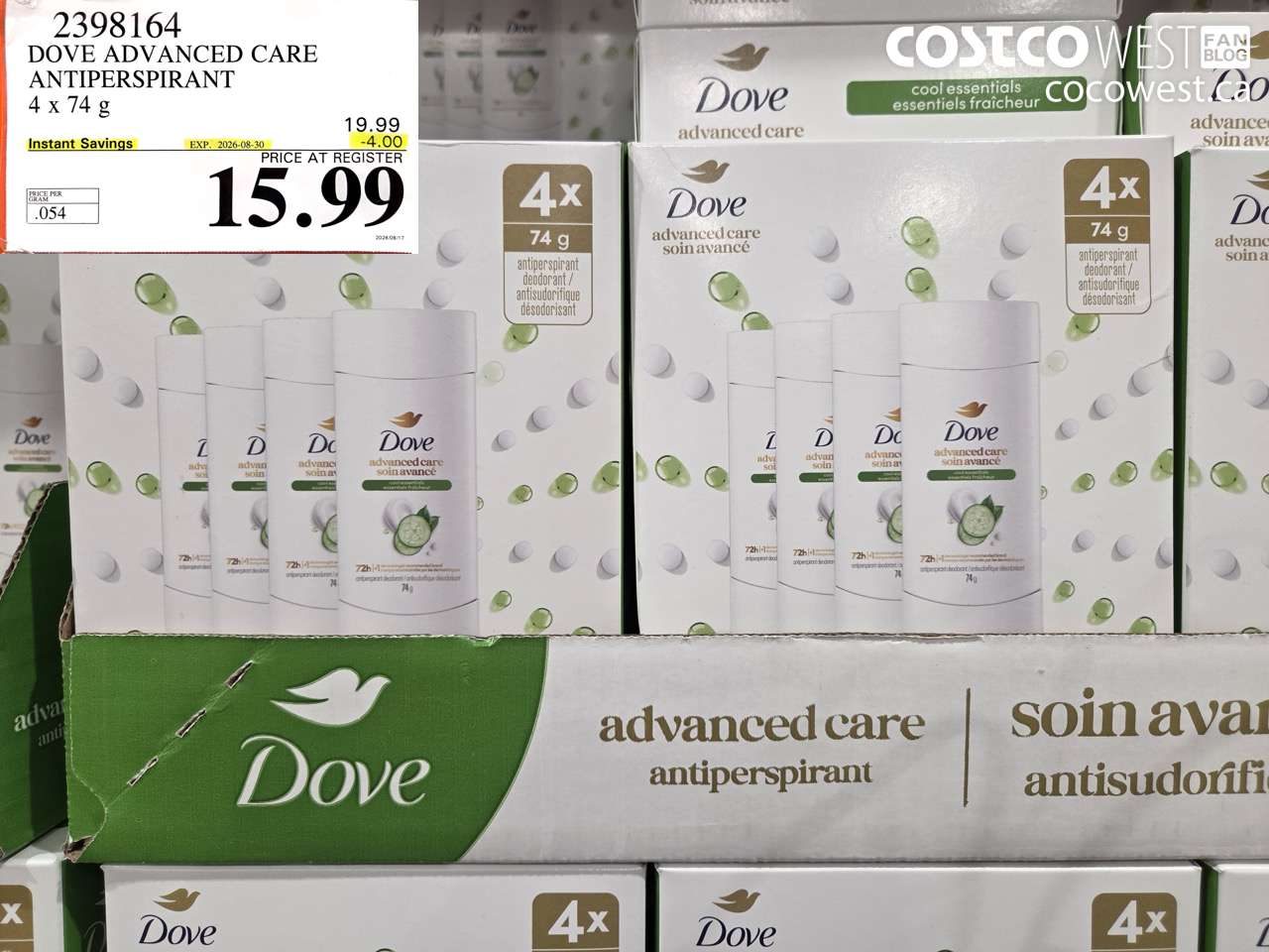 2398164 DOVE ADVANCED CARE ANTIPERSPIRANT 4 X 74 G ($4.00 INSTANT SAVINGS EXPIRES ON 2026-08-30) $15.99