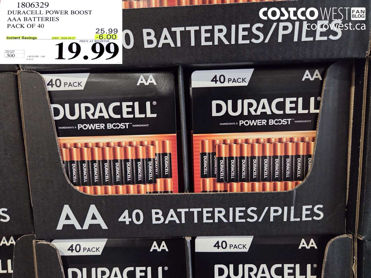 1806329 DURACELL POWER BOOST AAA BATTERIES PACK OF 40 ($6.00 INSTANT SAVINGS EXPIRES ON 2026-09-27) $19.99
