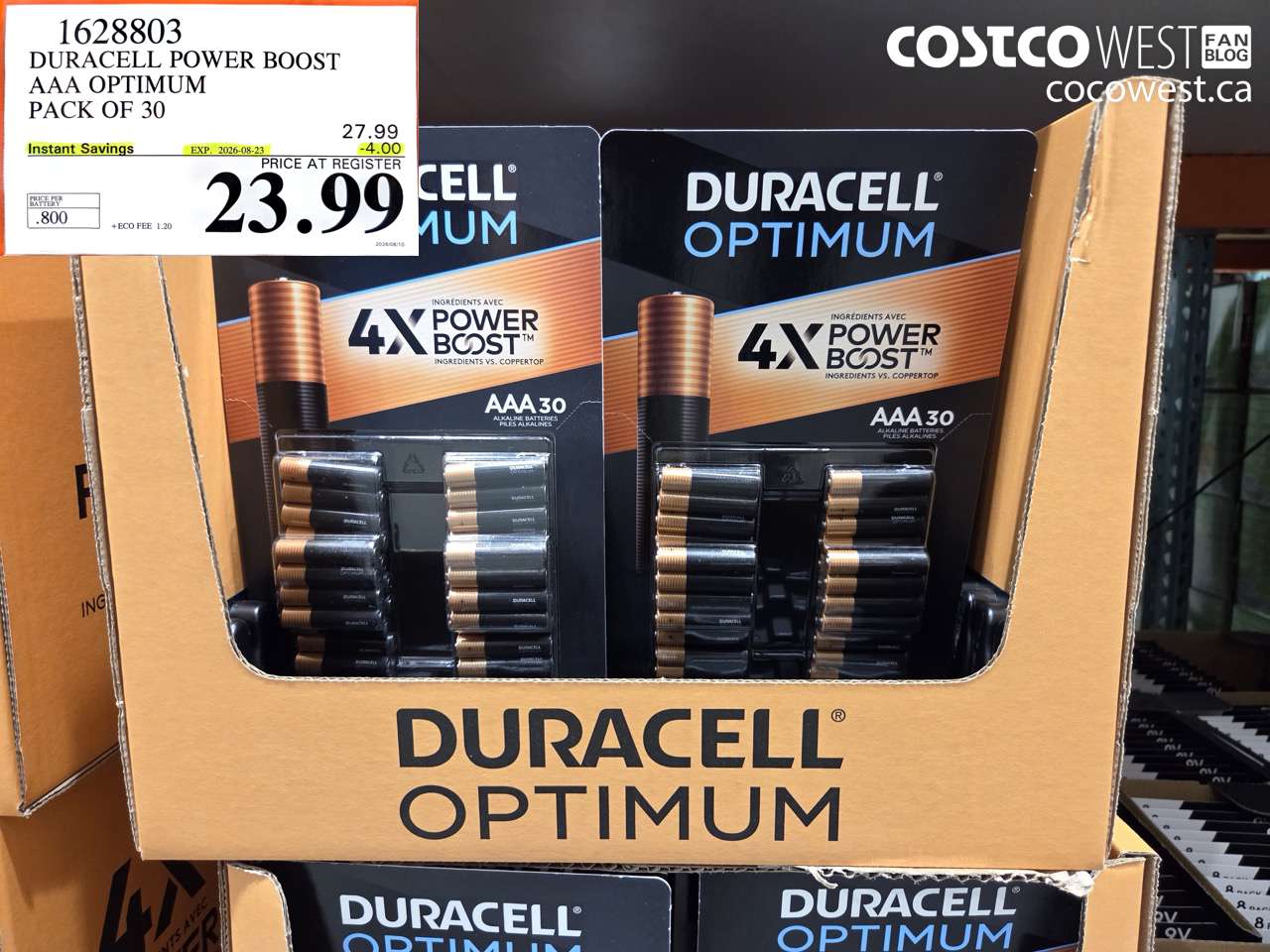 1628803 DURACELL POWER BOOST AAA OPTIMUM PACK OF 30 ($4.00 INSTANT SAVINGS EXPIRES ON 2026-08-23) $23.99