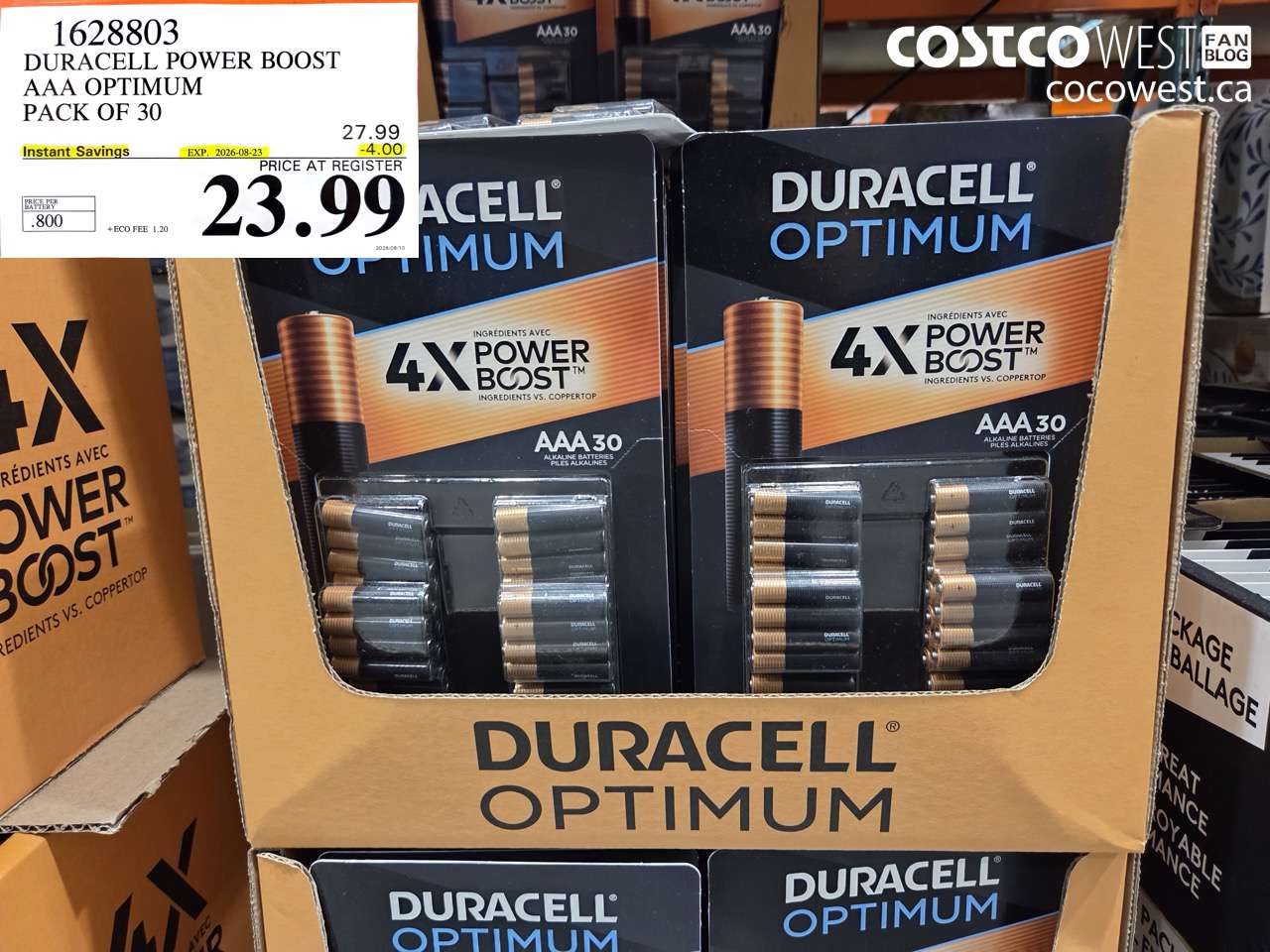 1628803 DURACELL POWER BOOST AAA OPTIMUM PACK OF 30 ($4.00 INSTANT SAVINGS EXPIRES ON 2026-08-23) $23.99