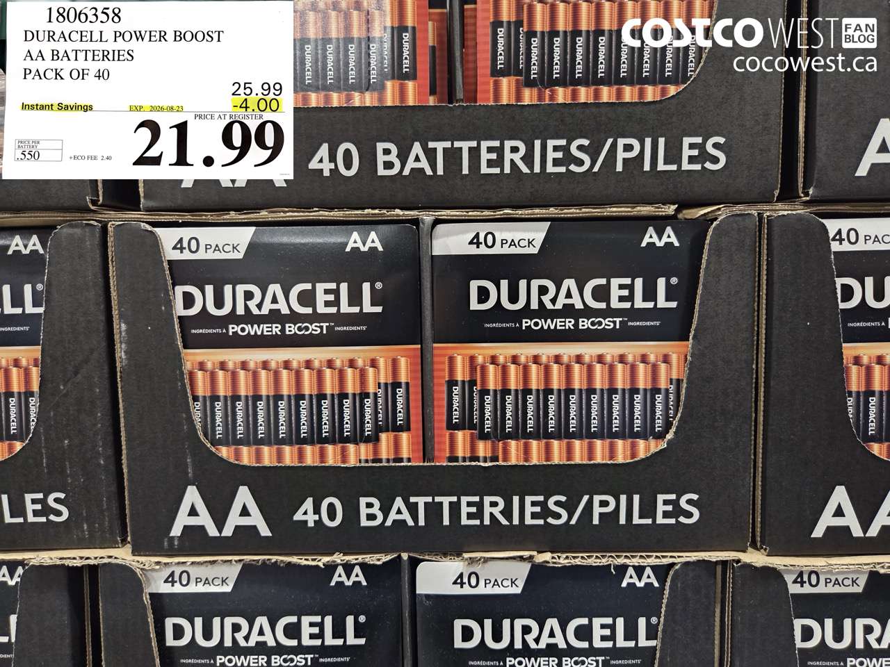 1806358 DURACELL POWER BOOST AA BATTERIES PACK OF 40 ($4.00 INSTANT SAVINGS EXPIRES ON 2026-08-23) $21.99