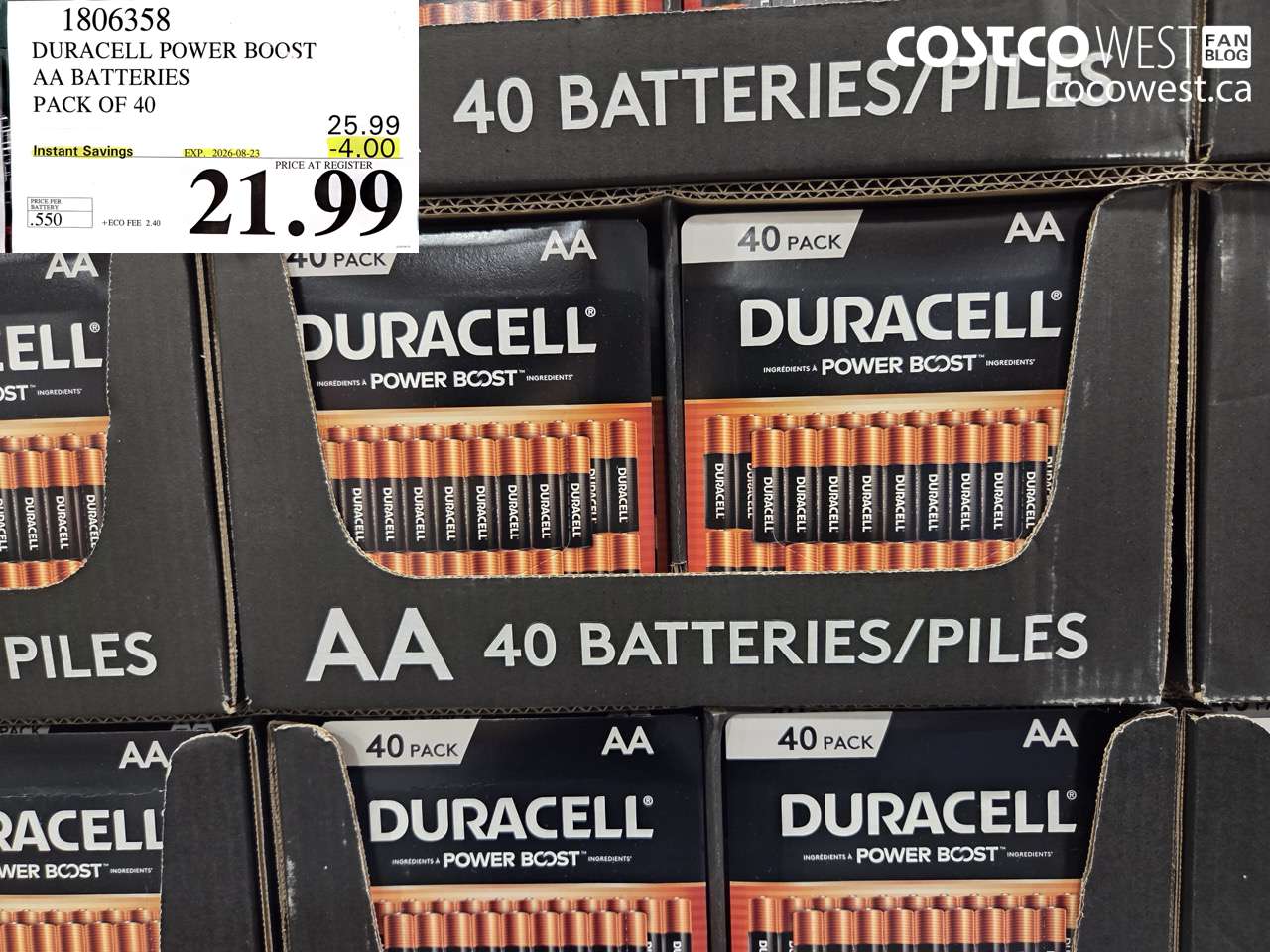 1806358 DURACELL POWER BOOST AA BATTERIES PACK OF 40 ($4.00 INSTANT SAVINGS EXPIRES ON 2026-08-23) $21.99