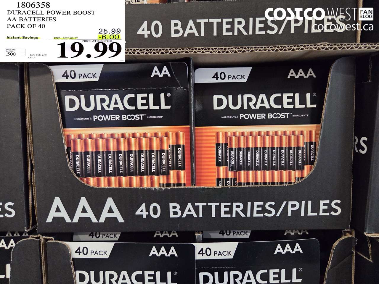 1806358 DURACELL POWER BOOST AA BATTERIES PACK OF 40 ($6.00 INSTANT SAVINGS EXPIRES ON 2026-09-27) $19.99